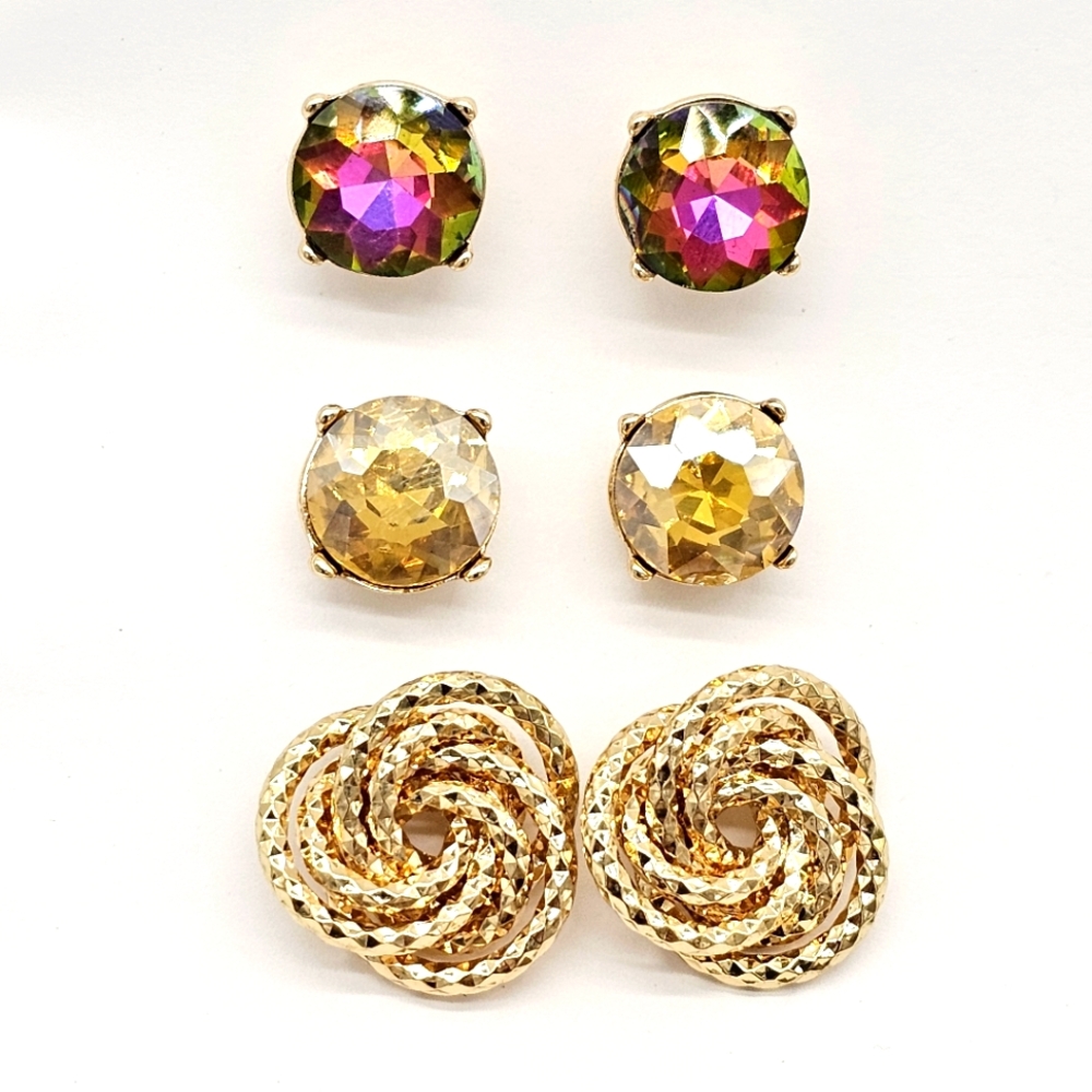 MONET - Lot of 3 Earrings Big Watermelon Crystal Rhinestone Stud Love Knot Gold